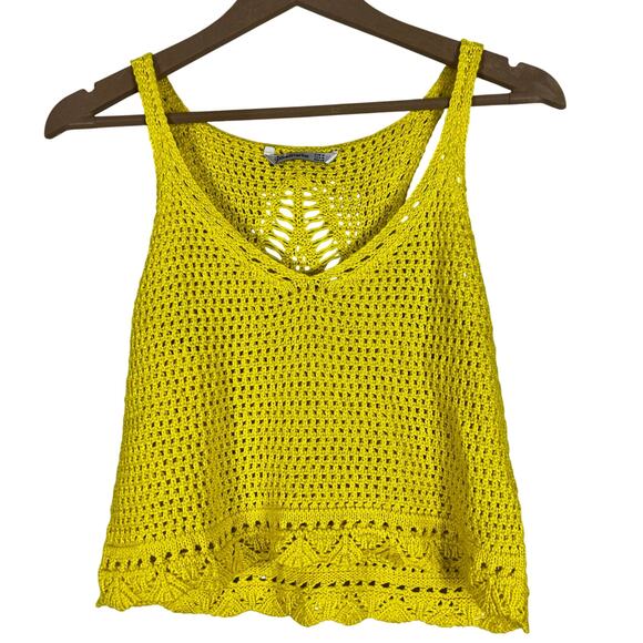 Stradivarius Tank Top Womens M Yellow Crochet Knit V-Neck Coastal Cowgirl Hippie - Picture 1 of 5